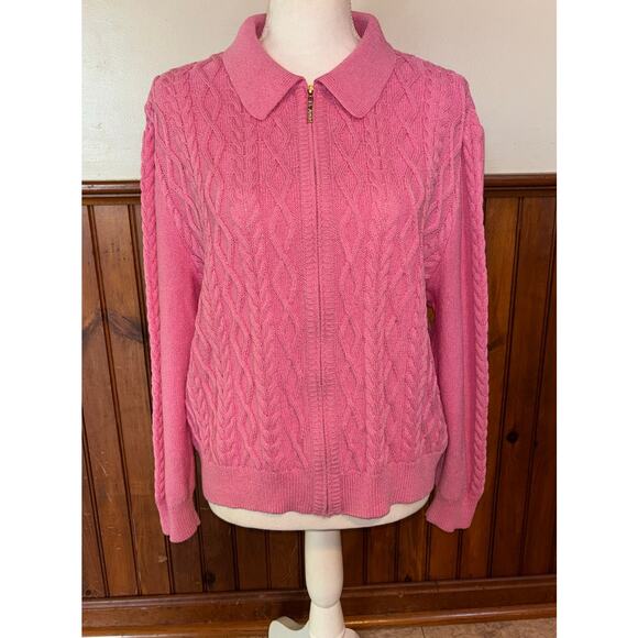 St. John Sport Pink Cable Knit Barbiecore Full Gold Zip Closure Sweater Size XL - Picture 1 of 8